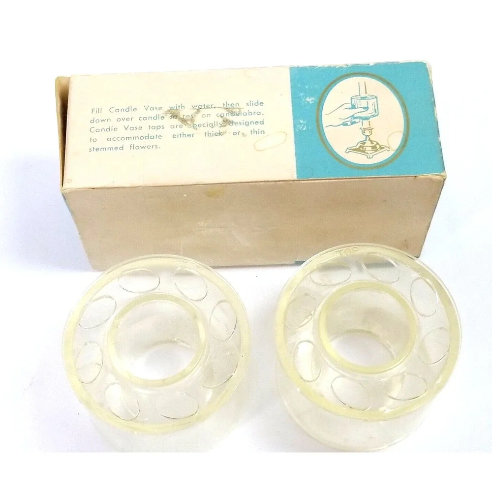 Vintage Flower Candle Vase with Original Box, Clear - Circa 1950's (Two in Pack)